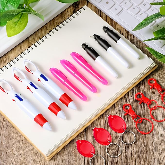 Chinco 30 Pcs Retractable Shuttle Pen Clip with Mini Highlighter Nurse Badge Pen Neon Marker LED Keychain Ring Clip