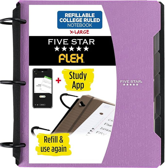 Five Star Flex Refillable Notebook + Study App, College Ruled Paper and 1-1/2 Inch TechLock Ring Binder with Pockets, Tabs and Dividers, 300 Sheet Capacity, Amethyst Purple (29324AB6) (Pack of 6)