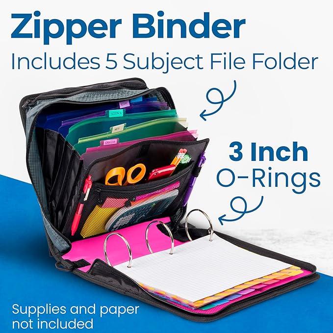 Case-it Mighty Zip Tab School Zipper Binder | 3-Inch O-Rings, 600-Sheet Capacity, 5-Subject Expanding File Folder, Multiple Pockets & Storage Organizer, Shoulder Strap | D-146 Magenta | 6 Pack