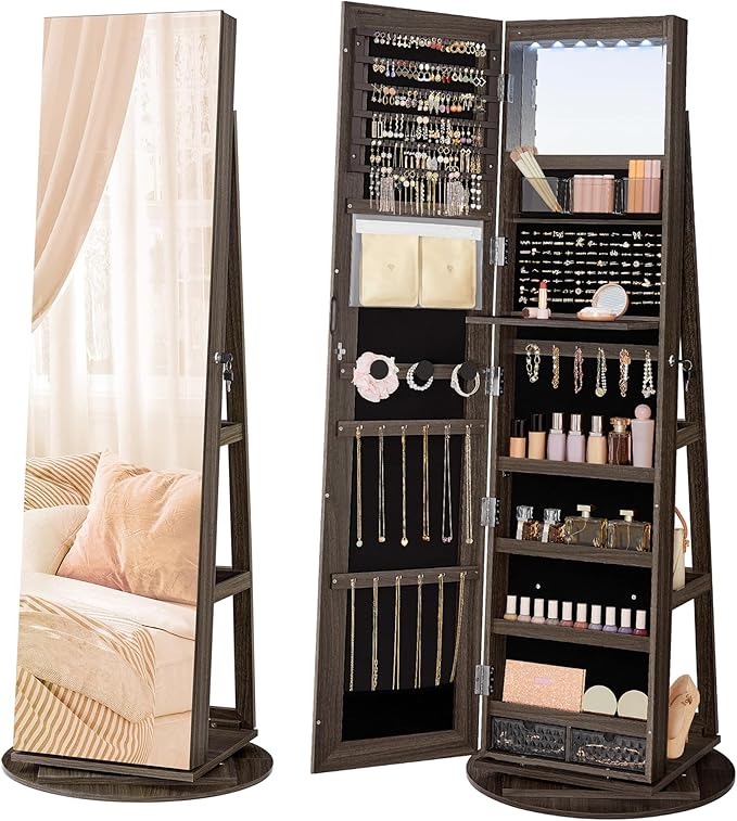 SONGMICS 6 LEDs Lockable Mirror Jewelry Cabinet, 360° Swivel Jewelry Organizer Armoire Standing, Frameless Full-Length Mirror, 3 Storage Shelves, Ash Brown Surface, Black Lining UJJC007K02