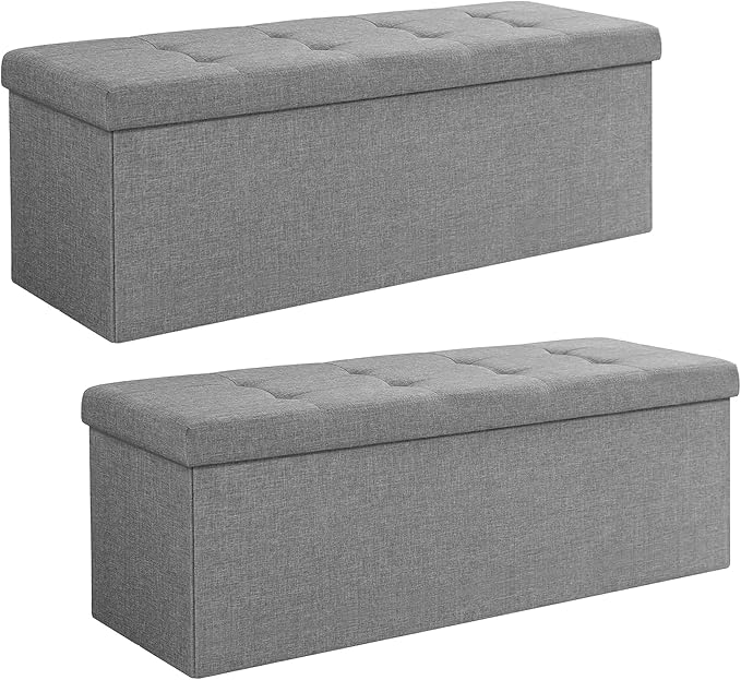 SONGMICS 43 Inches Folding Storage Ottoman Bench, Set of 2, Storage Chest, Foot Rest Stool, Bedroom Bench with Storage, Light Gray, ULSF422G02
