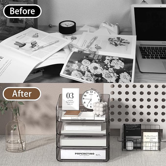 Clear Paper Organizer - Brown Acrylic Stackable Paper Tray for Desk, 4-Tier Letter Tray Organizer with Smooth Edges and Rounded Corners