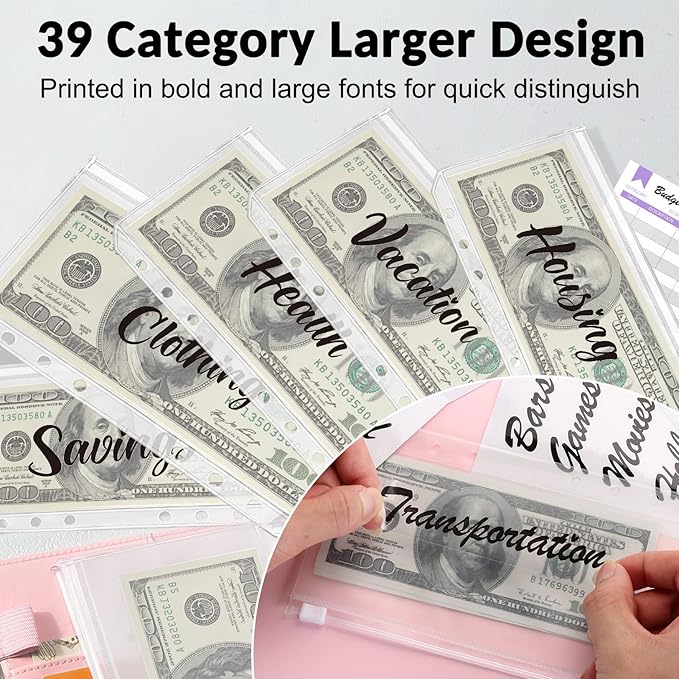 Sooez Budget Binder with Zipper Cash Envelopes & Expense Sheets for Budgeting and Saving Money, Money Organizer for Cash with Category Labels, Money Saving Binder Cash Wallet Envelope