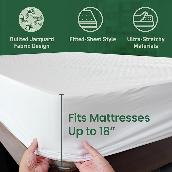 SafeRest Sleepure Waterproof Mattress Protector Queen Size - Viscose Derived from Bamboo - Fitted with Stretchable Pockets - Machine Washable Cotton Queen Mattress Cover for Bed