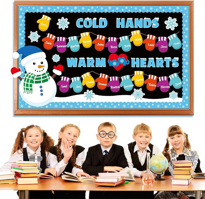 Winter Bulletin Board Decorations Winter Classroom Cutouts Snowman Snowflake Colored Gloves Paper Decors for Christmas Holiday School Classroom Chalkboard Home Door Wall Party Decor Supplies