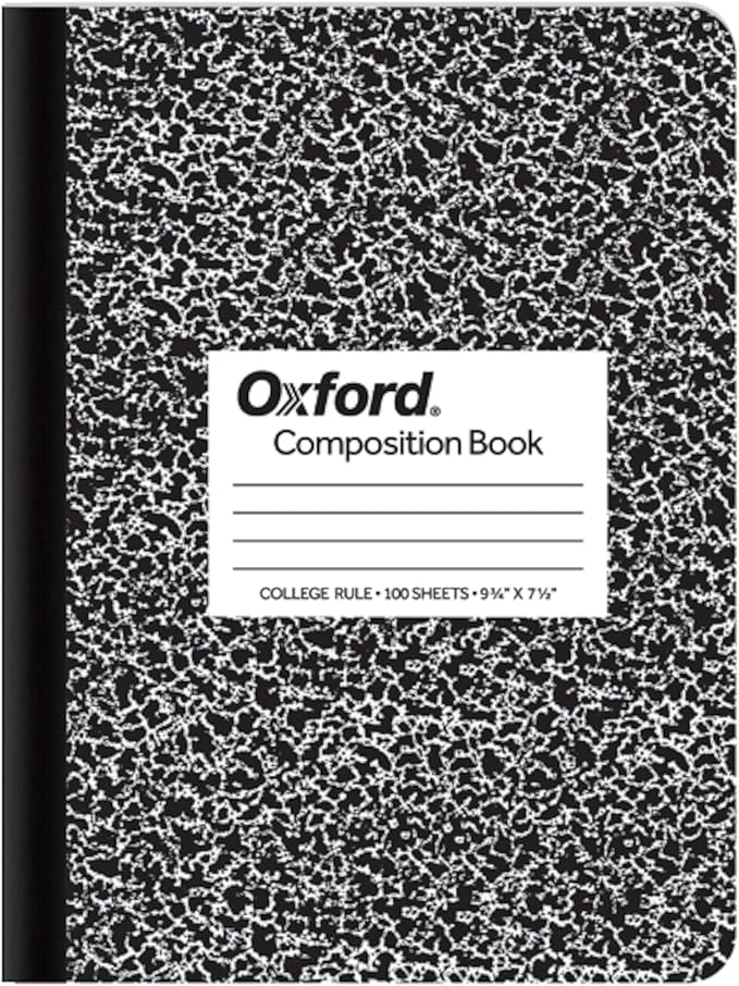 Oxford Composition Notebook, College Ruled Paper, 9-3/4" x 7-1/2", Black Marble Covers, 100 Sheets, 1 Book (63796)