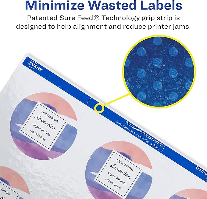 Avery Printable Round Labels, Sure Feed Technology, Glossy White Labels, 2" Diameter, Permanent Adhesive, Laser/Inkjet, 120 Total (22807)