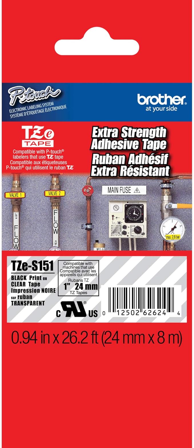 Brother Extra Strength Tape, Laminated Black on Clear, 24mm (Tzes151) - Retail Packaging
