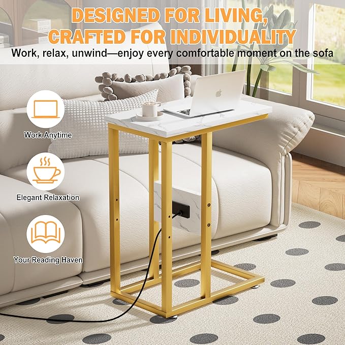 VECELO C Shaped End Table with Charging Station & Power Outlets, Quick Access Side Table for Sofa, C Bedside for Living Room Bedroom 2 Set,Gold