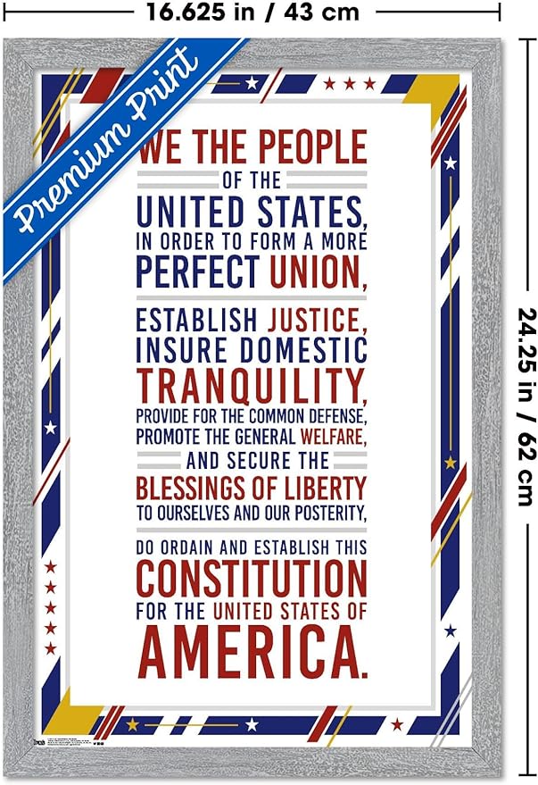 The United States Of America - Constitution Preamble Wall Poster, 22.4L" x 14.7W", Gray Framed Version