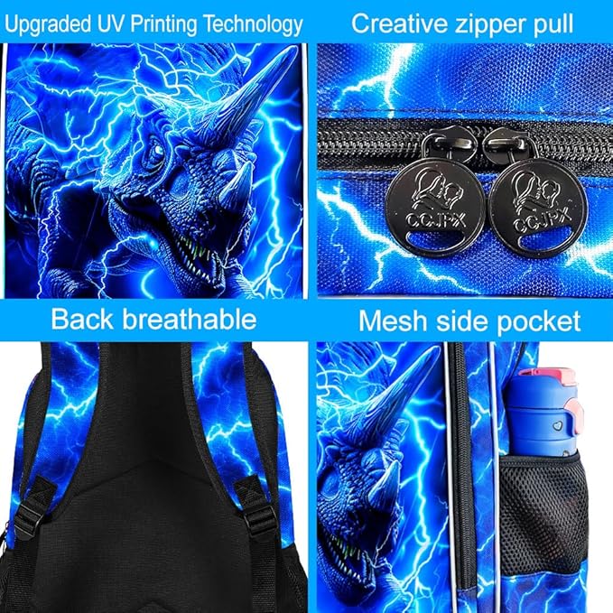 KLFVB 3PCS Boys Lightning Bookbag Set, 17" Dinosaur Backpack and Lunch Box, Water Resistant Teenagers School Backpacks for Middle Elementary - Lightning Triceratops