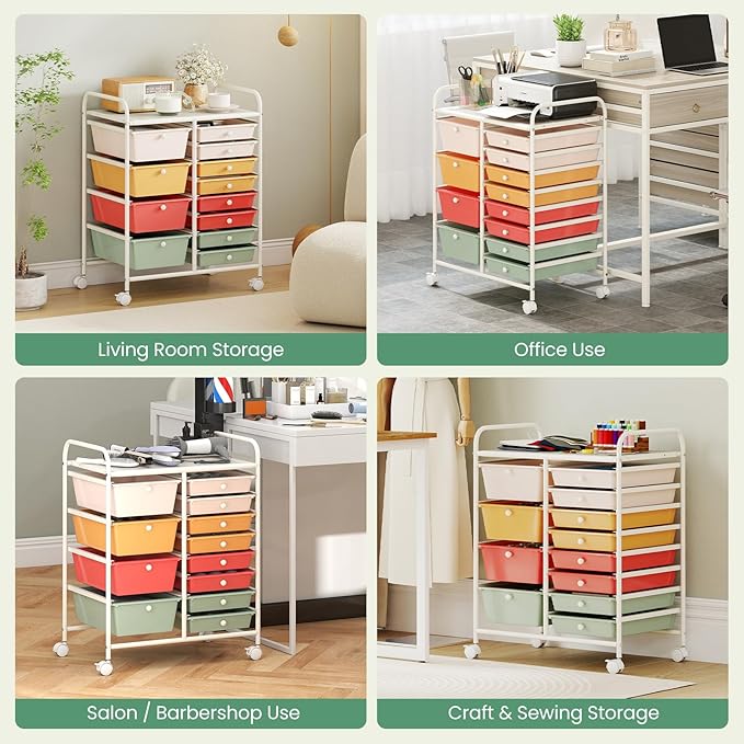 COSTWAY 12 Drawer Rolling Storage Cart, Mobile Utility Cart with Metal Frame, Art Supply Craft Organizer, Multipurpose Storage Organizer for Paper, Office, School Teacher, Classroom, Macaron