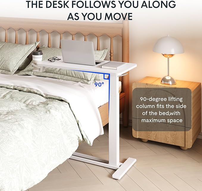 FLEXISPOT Adjustable C Table with Wheels, Mobile Snack Side End Table Sofa Couch Bedside Table Laptop Rolling Cart TV Tray Night Stand Small Space Side Table,(31.5" W x 17.7" D,White)