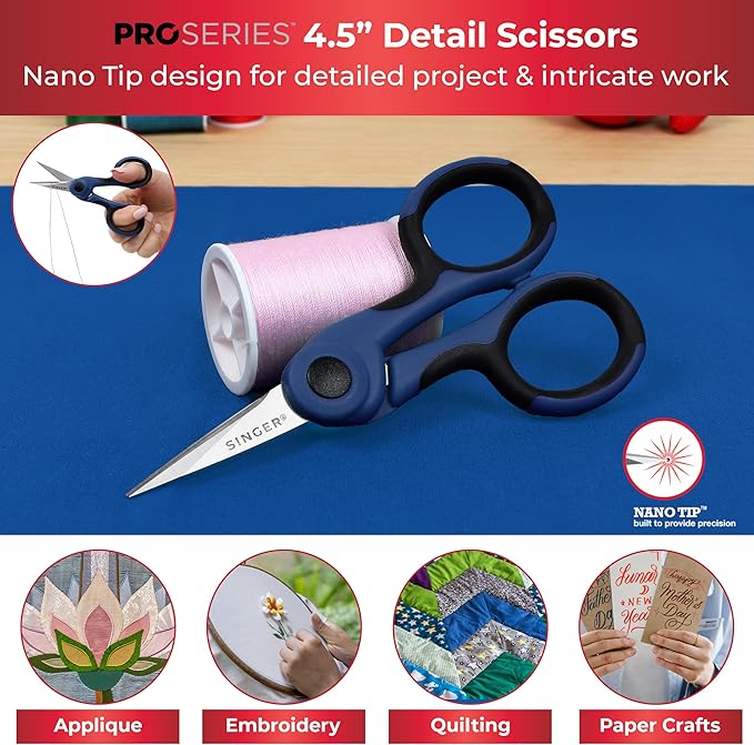 SINGER ProSeries Sewing Scissors Bundle: 8.5" Heavy Duty Fabric, 4.5" Detail Embroidery, 5" Thread Snips With Comfort Grip (Dark Blue)