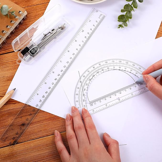 Zonon 3 Pcs Plastic Ruler 6 Inch Protractor Drawing Compass Set, Student Geometry Math Transparent Measuring Tools for Home School Classroom Office Supplies(12 Inch,Clear)