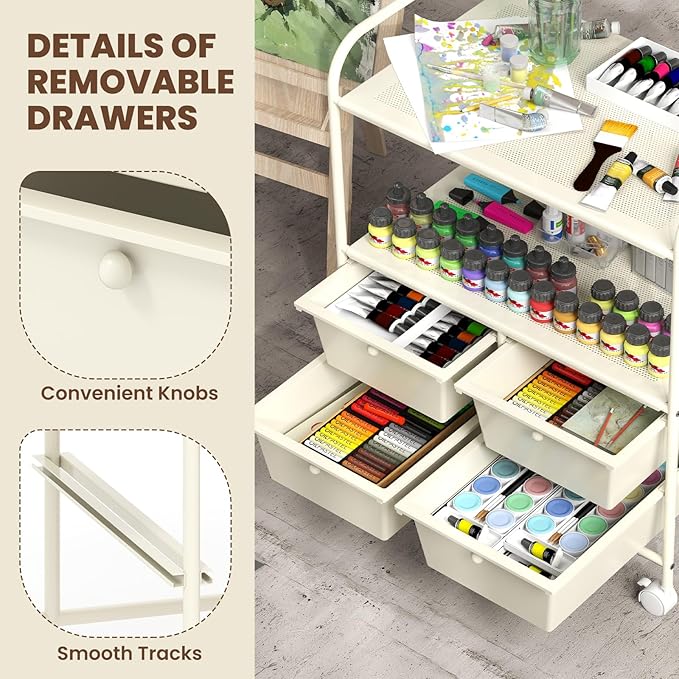 COSTWAY 4-Drawer Storage Cart, Mobile Storage Organizer w/Steel Frame & 360° Wheels, 4-Drawer Utility Cart for Living Room, Kitchen, Bathroom & Office (White)