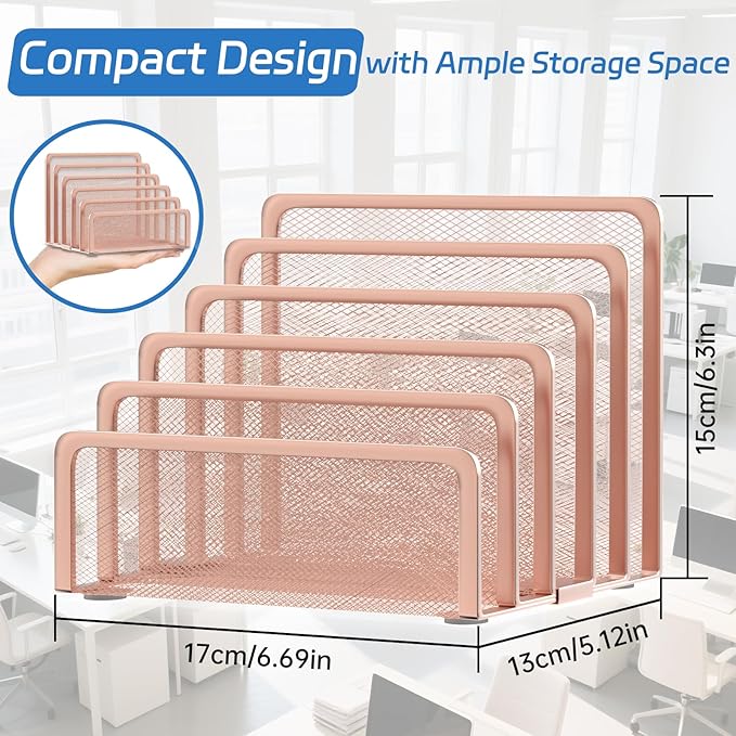 Mail Organizer Countertop with 5 Slot, Metal Mail Holder for Desk, File Holder Letter Sorter for Envelope, Bill and Document (Rose Gold)
