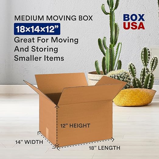 BOX USA Moving Boxes Medium 18"L x 14"W x 12"H 20-Pack & Heavy Duty 2in x 25yd Clear Packaging Tape with Dispensers 2-Pack & Newsprint Packing Paper 80-Sheets