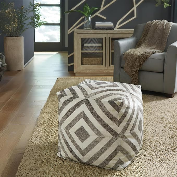 Signature Design by Ashley Hartselle Casual Geometric Patterned Pouf 18 x 18 Inches, Beige & Light Brown