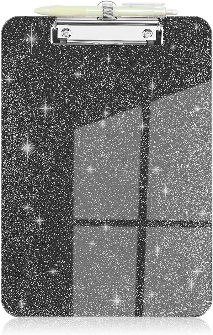 SFLHHDM Clear Glitter Clipboards, Plastic Clipboard with Pen Holder, Clip Boards 8.5x11 with Low Profile Clip, Cute Hanging Clip Board for Office School Supplies Sparkly Clipboard (Ink Black)