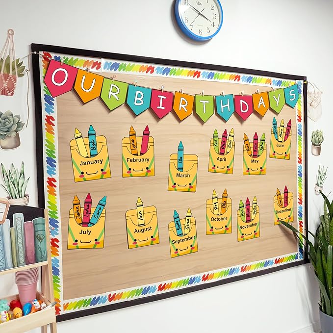 Birthday Bulletin Board Set for Classroom Decorations Pencil Box Cutouts Colorful Pencil Tags with Trim Borders for Back to School Birthday Chalkboard Door Wall Decors Supplies