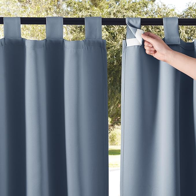 NICETOWN 2 Panels Self Stick Tab Top Outdoor Curtainss for Patio Waterproof, Indoor Outdoor Blinds Room Darkening Window Treatments Rain & Sun Blocking Drapes for Pool, W52 x L84, Stone Blue