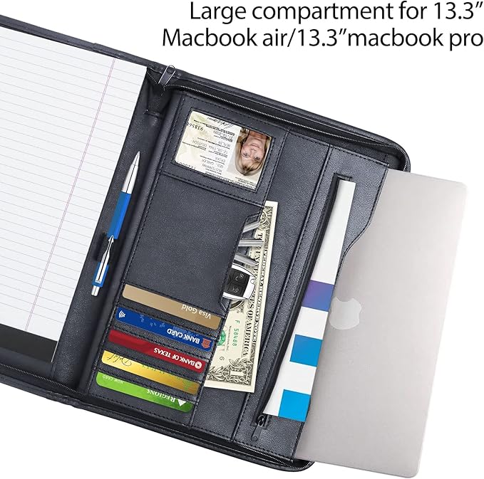 Godery Zippered Padfolio Portfolio Binder, Leather Business Portfolio, & 8.5 x 11 Legal Pad, Office Supplies Organizer, Black Zippered Pocket, Planners, Resume, Briefcase for Travel and Interview