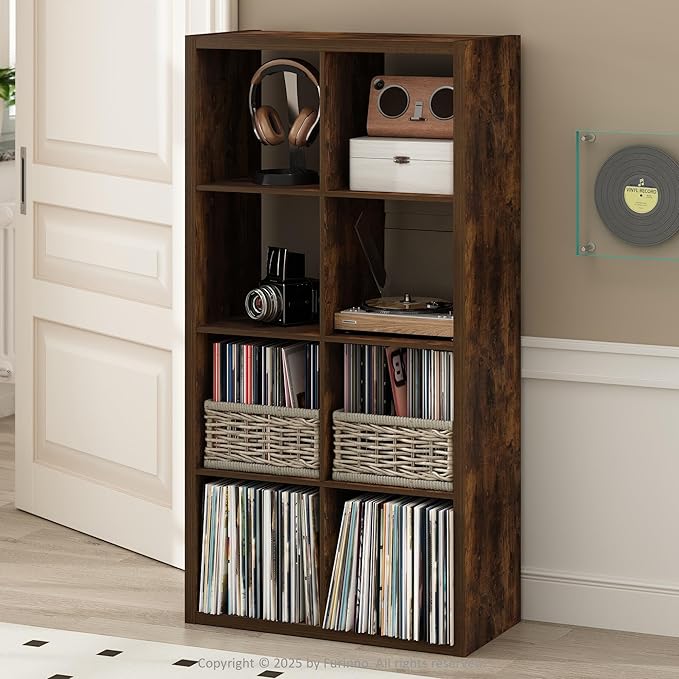 Furinno Cubicle Record Player Stand with Vinyl Storage, 8-Cube 1.2 Extra Thick Vinyl Record Storage, Open Back Media Shelf for CD DVD Blueray Game Disc, for Living Room, Home Office, Amber Pine