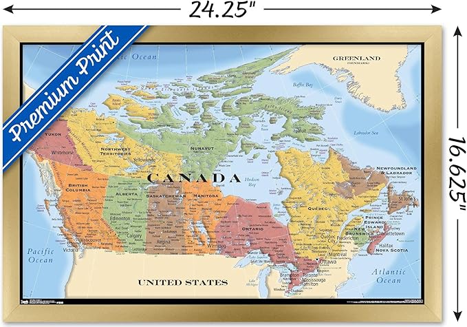 Map - Canada Wall Poster, 22.4L" x 14.7W", Gold Framed Version