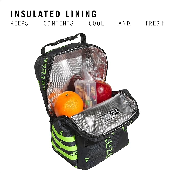 adidas Santiago Lunch Bag Cooler for Women and Men, Insulated Food Container Box with Mesh Pocket, Upscaled Mix-Black/Black/Lucid Lemon Yellow/3.0, One Size