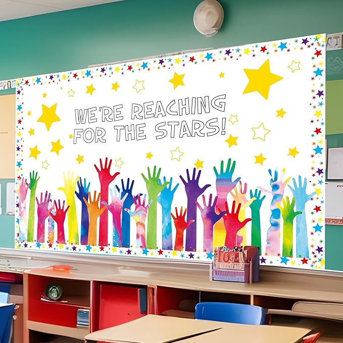 Reach for The Stars Bulletin Board Set Welcome Back to School Bulletin Board Colorful Stars Hands Cutouts for Inspirational Motivational Classroom Decoration Educational Learning Activities Supplies