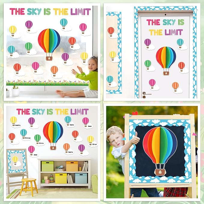 3D Hot Air Balloon Bulletin Board Set Colorful DIY Crafts Name Tags The Sky is The Limit Classroom Decorations Back to School Paper Cutouts for Motivational Nursery Supplies Teacher Wall Decor