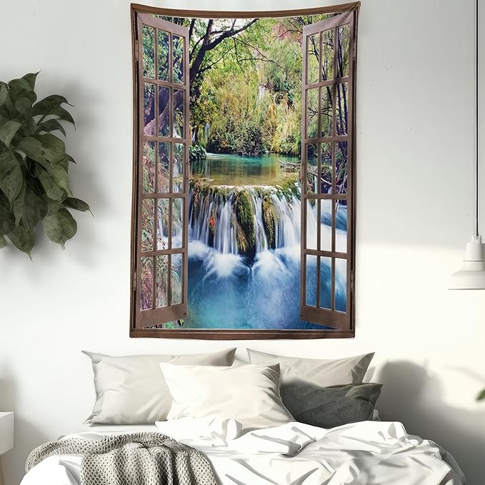 Ambesonne Waterfall Tapestry, Wide Waterfall Deep down in the Forest Seen from a City Window Epic Surreal Print, Fabric Wall Hanging Decor for Bedroom Living Room Dorm, 23" X 28", Brown Black