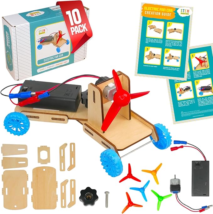 Propeller Car Kit (10-Pack) – STEM Engineering Project, Motorized Fan-Powered DIY Vehicles for Physics & Energy Lessons, Elementary and Middle School Science Supplies, Ages 8 and up
