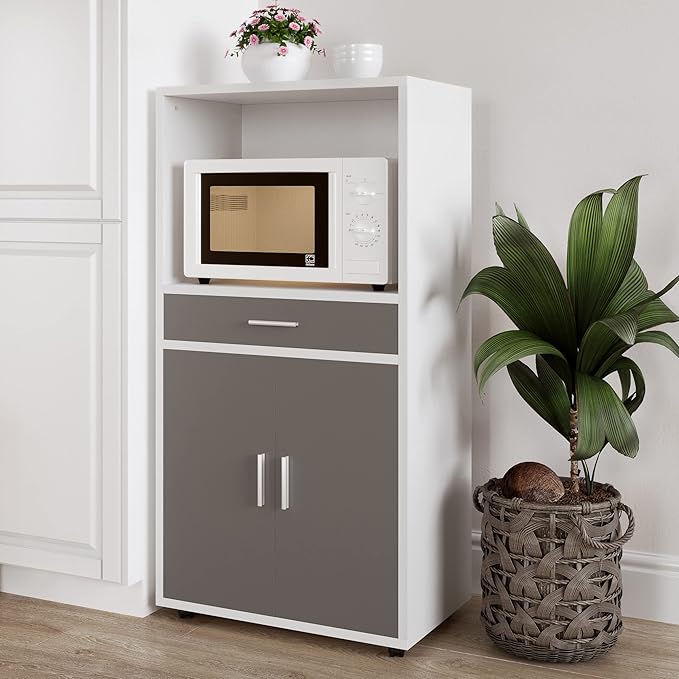 Microwave Stand with Drawer - Rolling Storage Cabinet with Doors and Locking Wheels - Freestanding Kitchen Storage by Lavish Home (White and Gray)