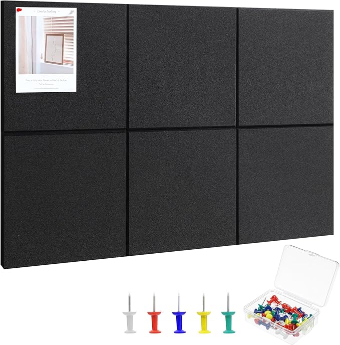 Large Cork Board 36" x 24", 6 Pack Felt Bulletin Board with 30 Pushpins, Cork Boards Alternative with Self-Adhesive Strips, Felt Wall Tiles Pin Boards for Walls Office Home School Decor-Black