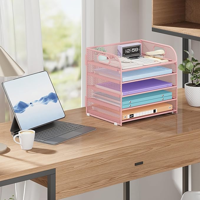 2 Pack 5 Tier Paper Organizer, Letter Tray with Handle, Mesh Desk Organizer, Metal File Organizer, Office Desk Accessories for Home, Office, Classroom, School -Pink
