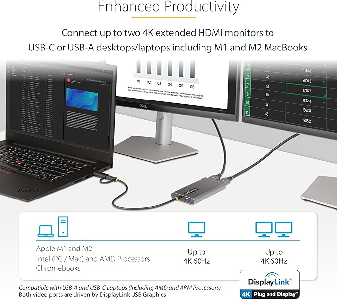 StarTech.com USB-C to Dual-HDMI Adapter, USB-C/A to 2X HDMI Converter, 4K 60Hz, 100W PD Pass-Through, Win/Mac, TAA