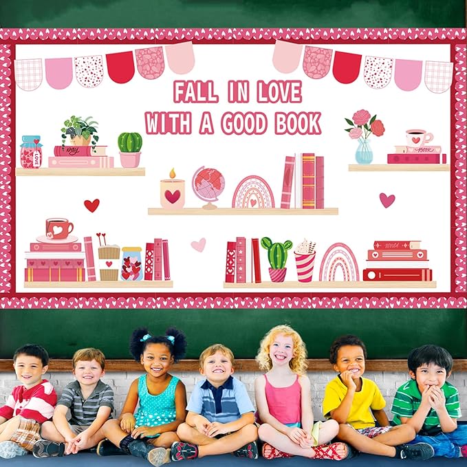Valentine's Day Reading Bulletin Board Decorations Set, Bookshelf Cutouts with Heart Bulletin Board Borders Valentines Library Classroom Decorations Chalkboard Wall Door Decor for Home Office 70Pcs