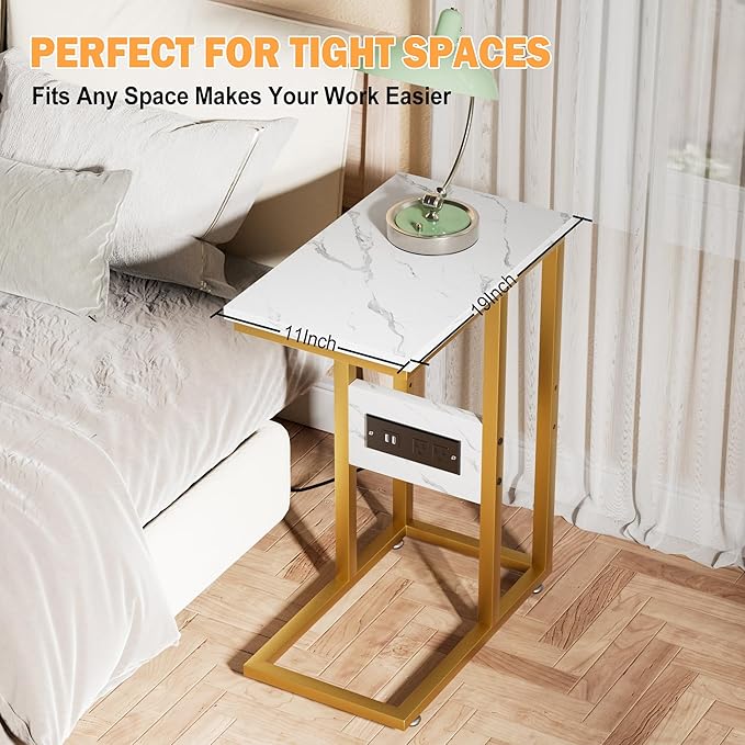 VECELO C Shaped End Table with Charging Station & Power Outlets, Quick Access Side Table for Sofa, C Bedside for Living Room Bedroom 2 Set,Gold