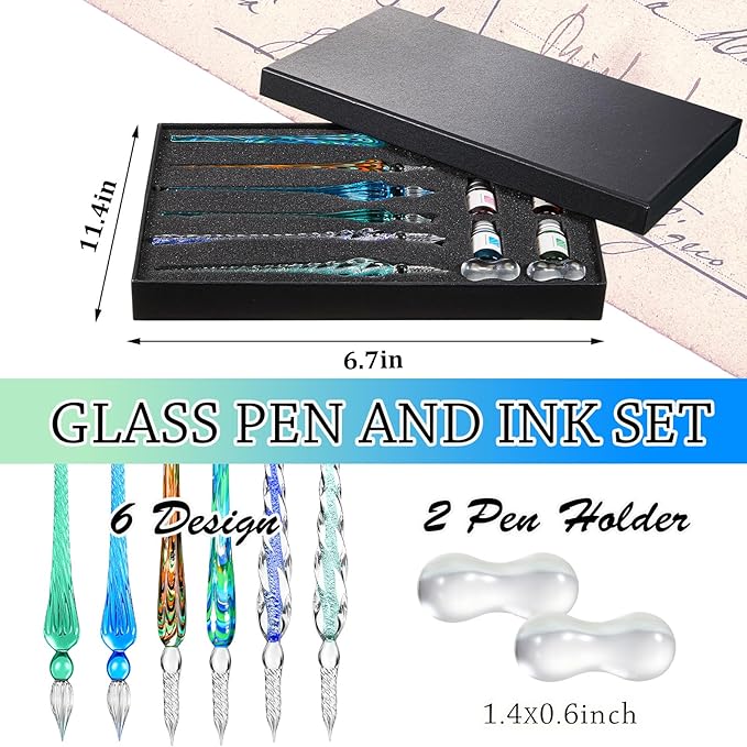 Zonon Glass Dipped Pen Ink Set 14 Pcs Include 6 Pcs Glass Dip Pen, 6 Colorful India Ink and 2 Holder Crystal Signature Calligraphy for Art, Writing, Gift(Green Color System)