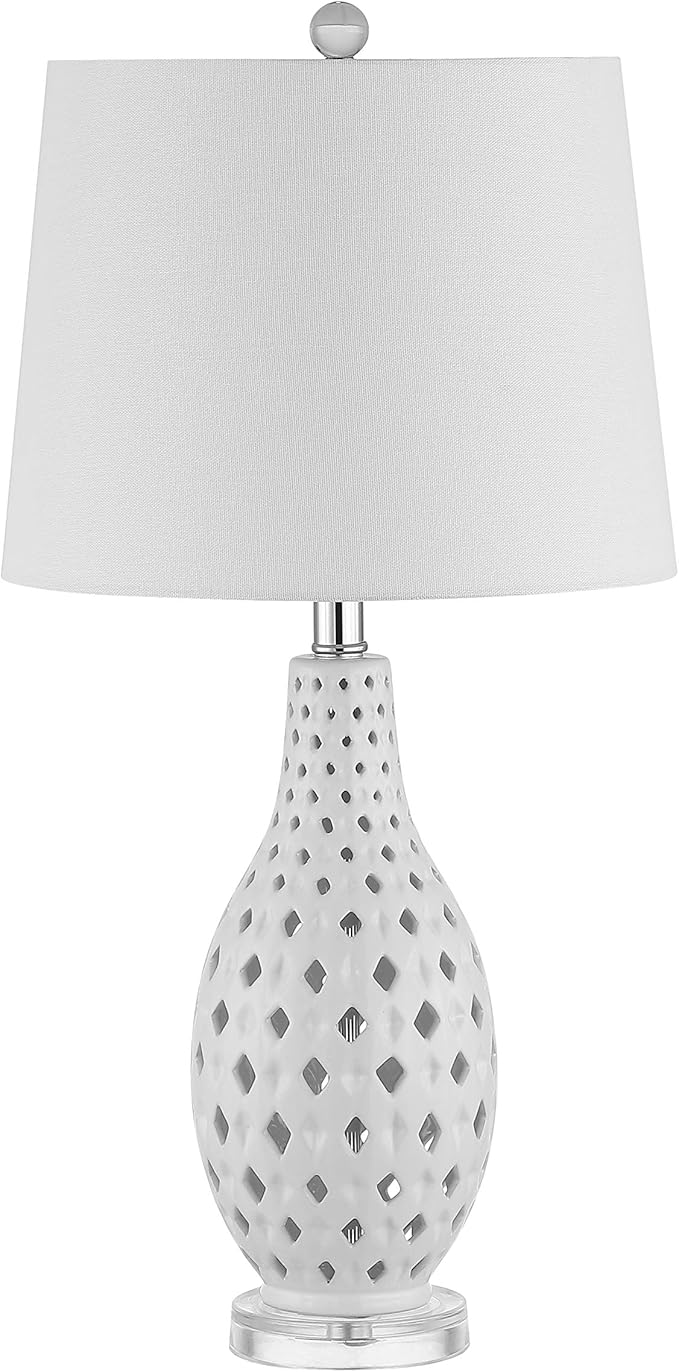SAFAVIEH Lighting Collection Harlem Trellis White Ceramic 26-inch Bedroom Living Room Home Office Desk Nightstand Table Lamp (LED Bulb Included)