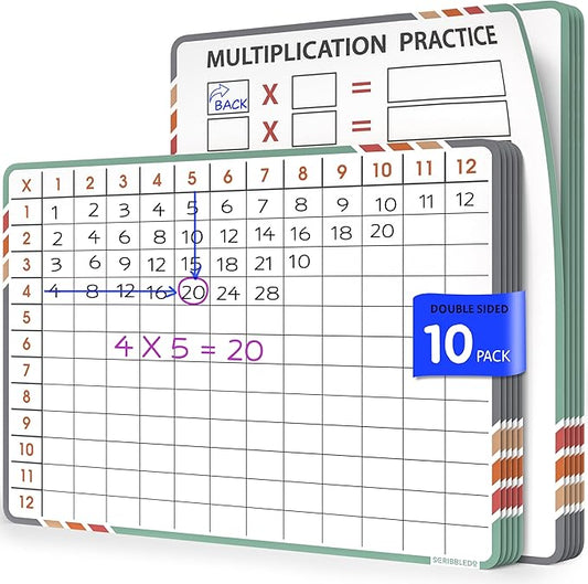 SCRIBBLEDO Multiplication Math 9”x12” Small White Board Dry Erase Sheets Math Manipulatives 3rd Grade Multiplication Times Table Chart Math Supplies Teacher Students Classroom Pack of 10 Sheets