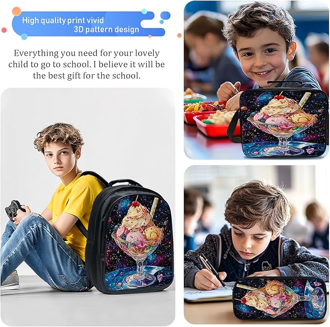 Ice Cream Backpack Set 3 Piece School Bags and Lunch Box with Pencil Case Funny Blue Galaxy Space Bookbag Set for Toddler Kids Girls Boys Teens Kindergarten Elementary Middle