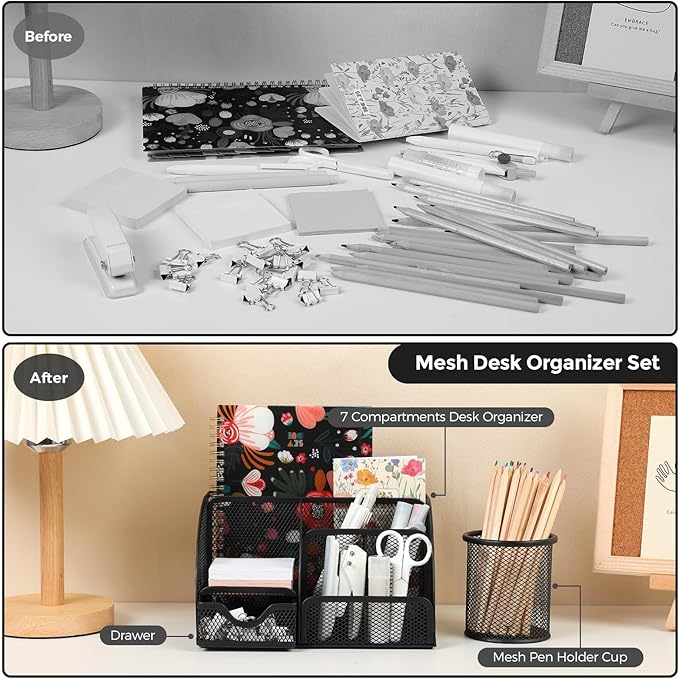 SKYDUE Black Office Supplies, Mesh Desk Organizer, Stapler, Tape Dispenser, Scissors, Binder/Paper Clips and 1000pcs Staples, Desk Supplies Set