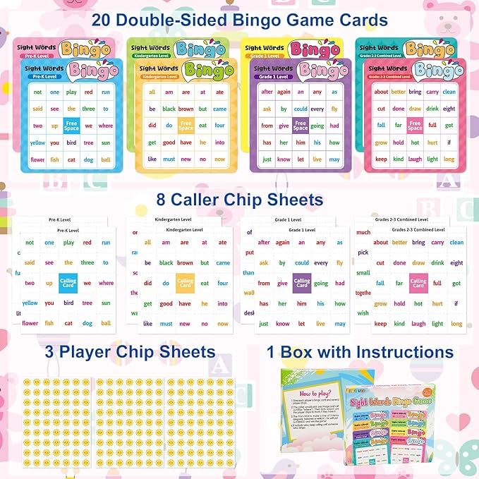 Fancy Land Sight Word Bingo Game Kids Adults Dolch's & Fry's Words Lists Bingo Set for Pre-k to 3rd Grade Educational Games Home Classroom Activities Supplies