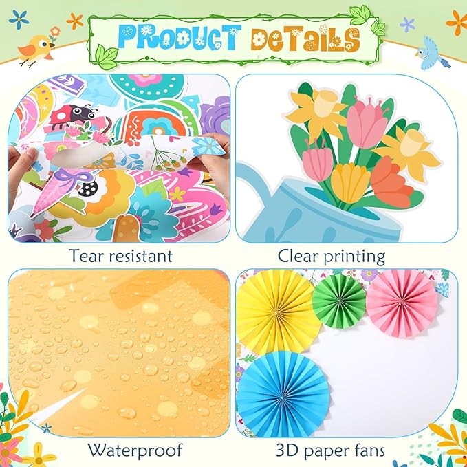 Eersida Spring Bulletin Board Decorations with Paper Fans St Patricks Day 3D Classroom Bulletin Board Christian Easter Flower Bunny Cutouts School VBS Library Church Window Wall Decor(Spring)