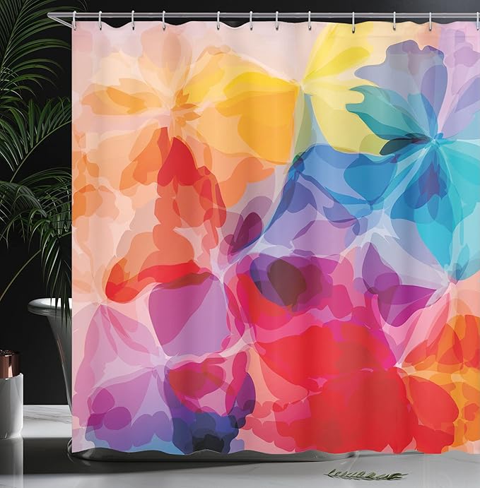 Ambesonne Floral Shower Curtain, Vibrant Colors Abstract Creative Watercolor Style Flower Pattern Design, Cloth Fabric Bathroom Decor Set with Hooks, 69" W x 70" L, Multicolor Vermilion Apricot