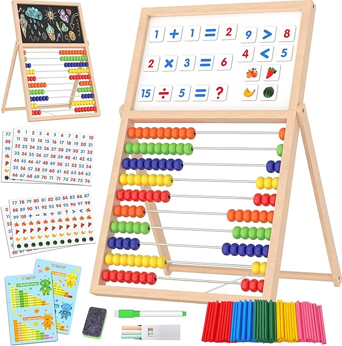 Wooden Abacus for Kids Math - Double-Sided Blackboard Whiteboard for Toddlers with 308 Magnetic Number & Fruit Cards, 100 Counting Sticks Montessori Educational Toys Homeschool Essentials
