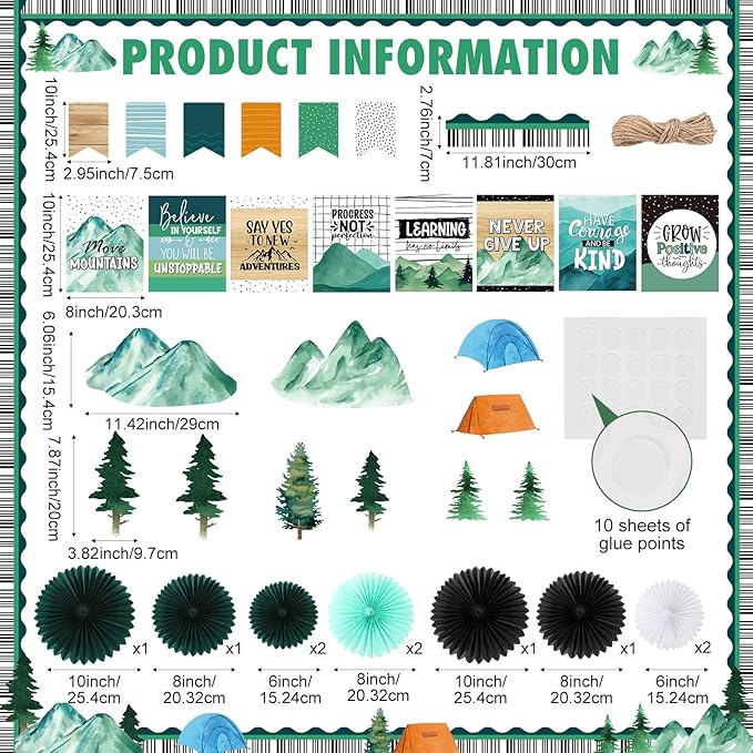 Pajean 62 Pcs Mountains Classroom Bulletin Board Decorations Green with 3D Paper Fans Inspirational Posters Cutouts Moving Mountain Motivational Bulletin Board for School Classroom Home Decorations
